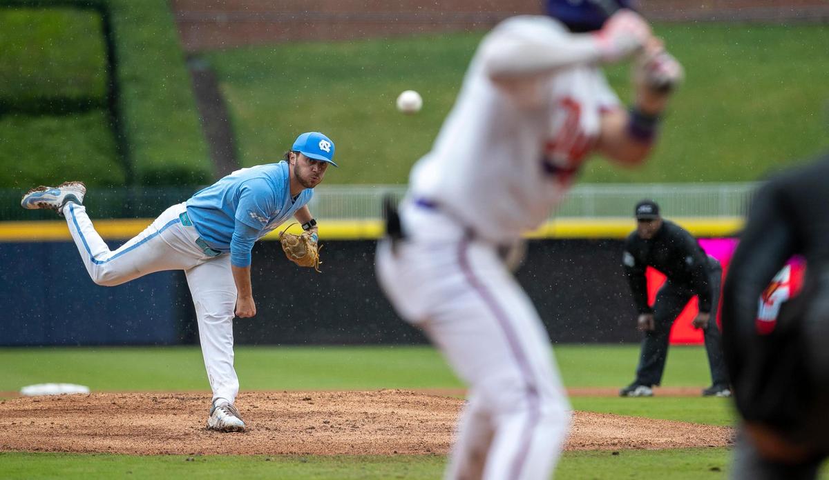 North Carolina pitcher Kevin Eaise (29) works from the mound against Clemson’s Blake Wright (8) in the eighth inning during the 2023 ACC Baseball Championship on Saturday, May 27, 2023 at Durham Bulls Athletic Park in Durham, N.C.