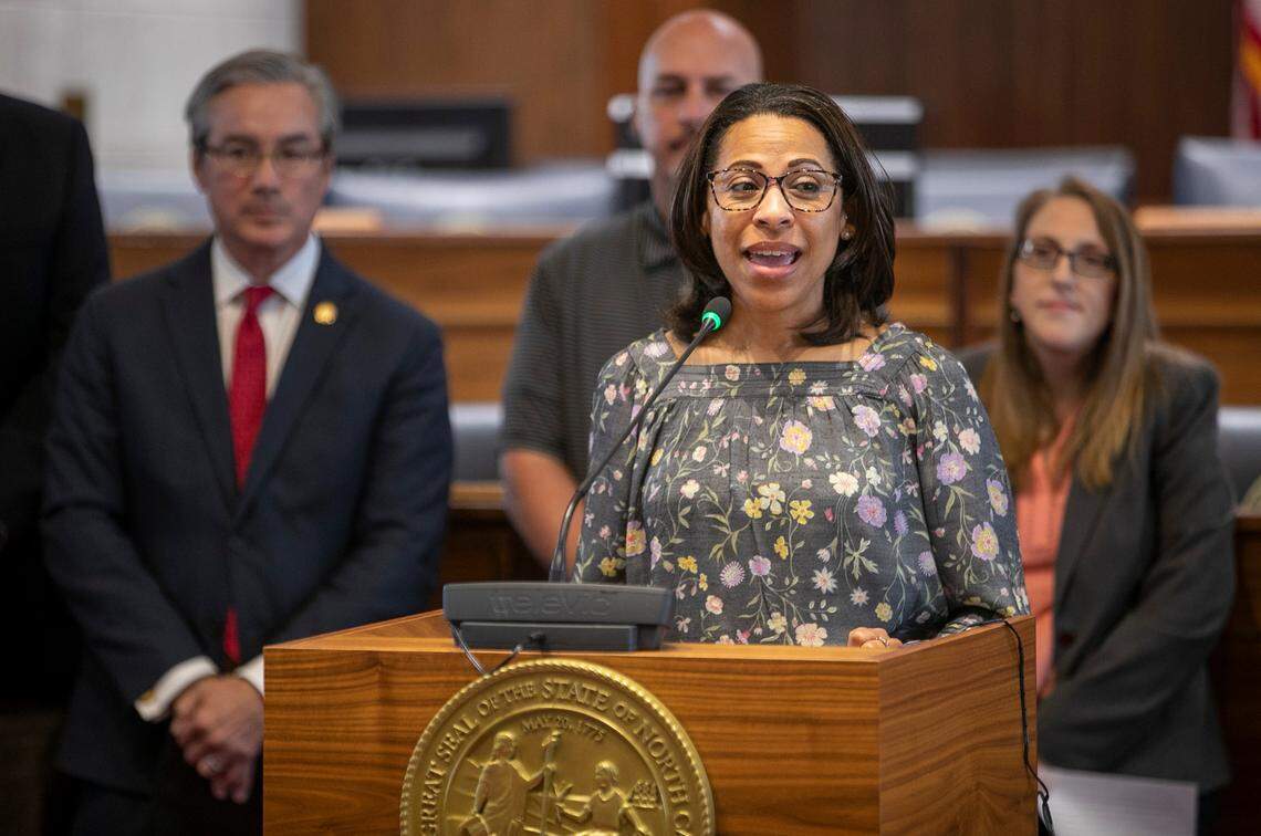 Delicia Hare of Rolesville, N.C., the mother of four children, speaks during a press briefing on the benefits of the ‘Choose Your School, Choose Your Future Act’ on Wednesday, April 26, 2023 at the General Assembly in Raleigh, N.C. Hare has already received a scholarship for one of her children.