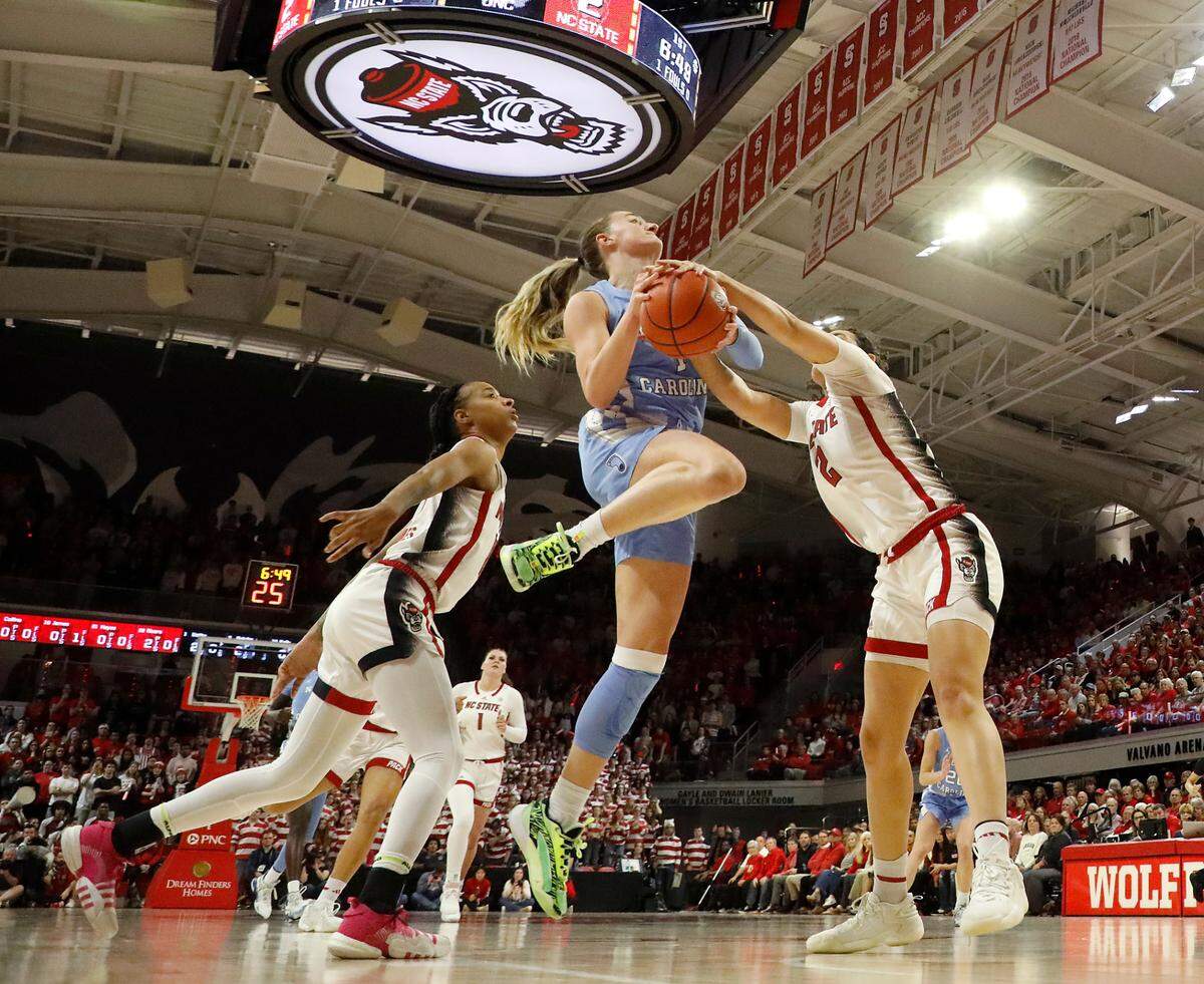North Carolina’s Alyssa Ustby drives to the basket during the first half of the Tar Heels’ 63-59 loss on Thursday, Feb. 1, 2024, at Reynolds Coliseum in Raleigh, N.C.
