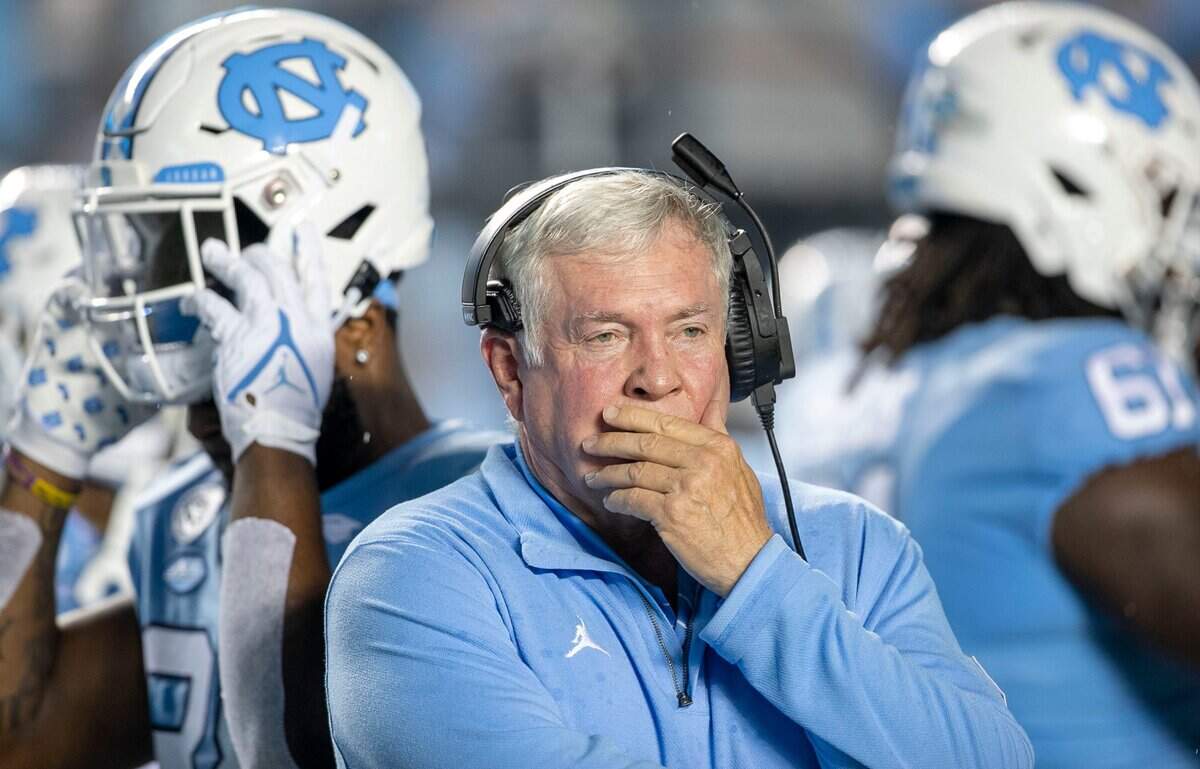 North Carolina coach Mack Brown waits for the coin toss to start their game against Florida A&M on Saturday, August 27, 2022 at Kenan Stadium in Chapel Hill, N.C.