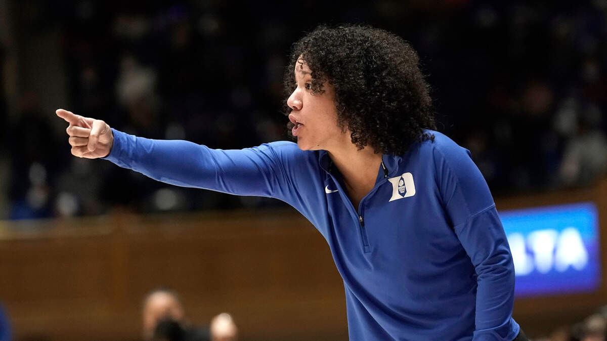 In this file photo, Duke head coach Kara Lawson directs her players during their game against South Carolina in Durham, N.C., Wednesday, Dec. 15, 2021.