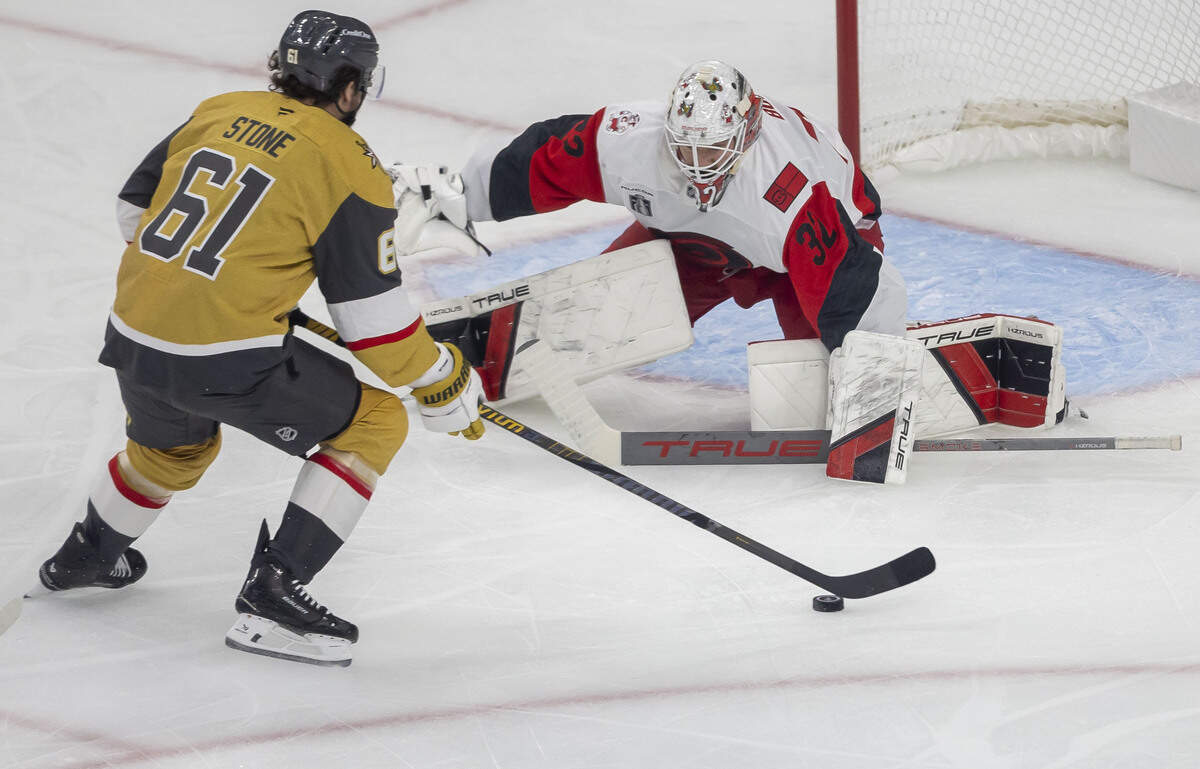 Vegas right wing Mark Stone (61) lines up a shot and scores on Carolina Hurricanes goalie Brandon Bussi (32), in the first period, in Game 4 of the Stanley Cup Final, on Tuesday, June 9, 2026 in Las Vegas, NV.