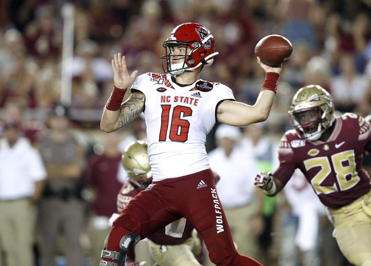 N.C. State quarterback Bailey Hockman (16) prepares to throw during the second half of Florida State’s 31-13 victory over N.C. State at Doak Campbell Stadium in Tallahassee, Fla., Saturday, Sept. 28, 2019.