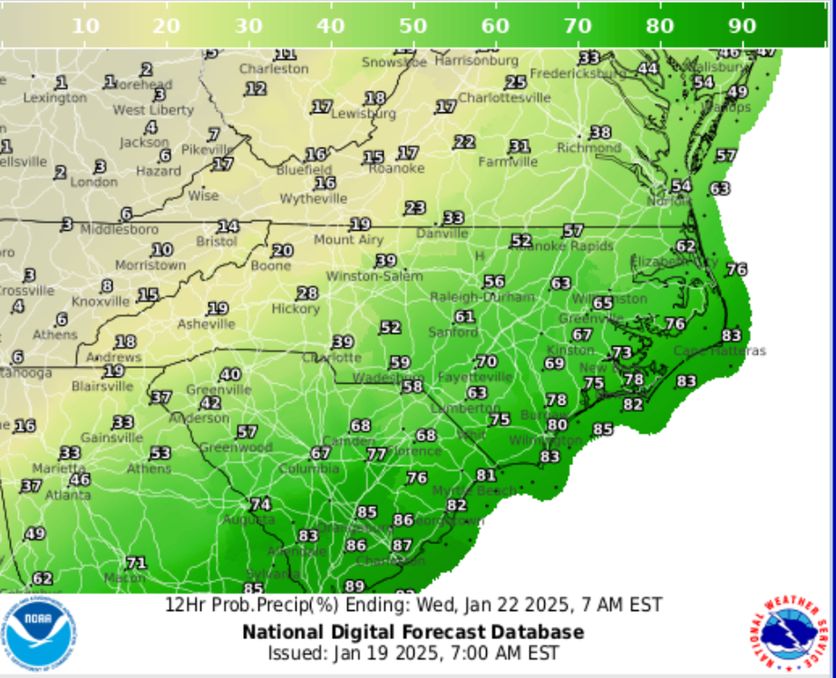 The National Weather Service graphical forecast map showing probable precipitation for North Carolina on the night of Tuesday, Jan. 21, 2025.