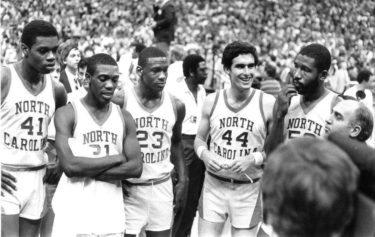 1982 NCAA champions (L-R):  Sam Perkins, Jimmy Black, Michael Jordan, Matt Doherty, James Worthy.