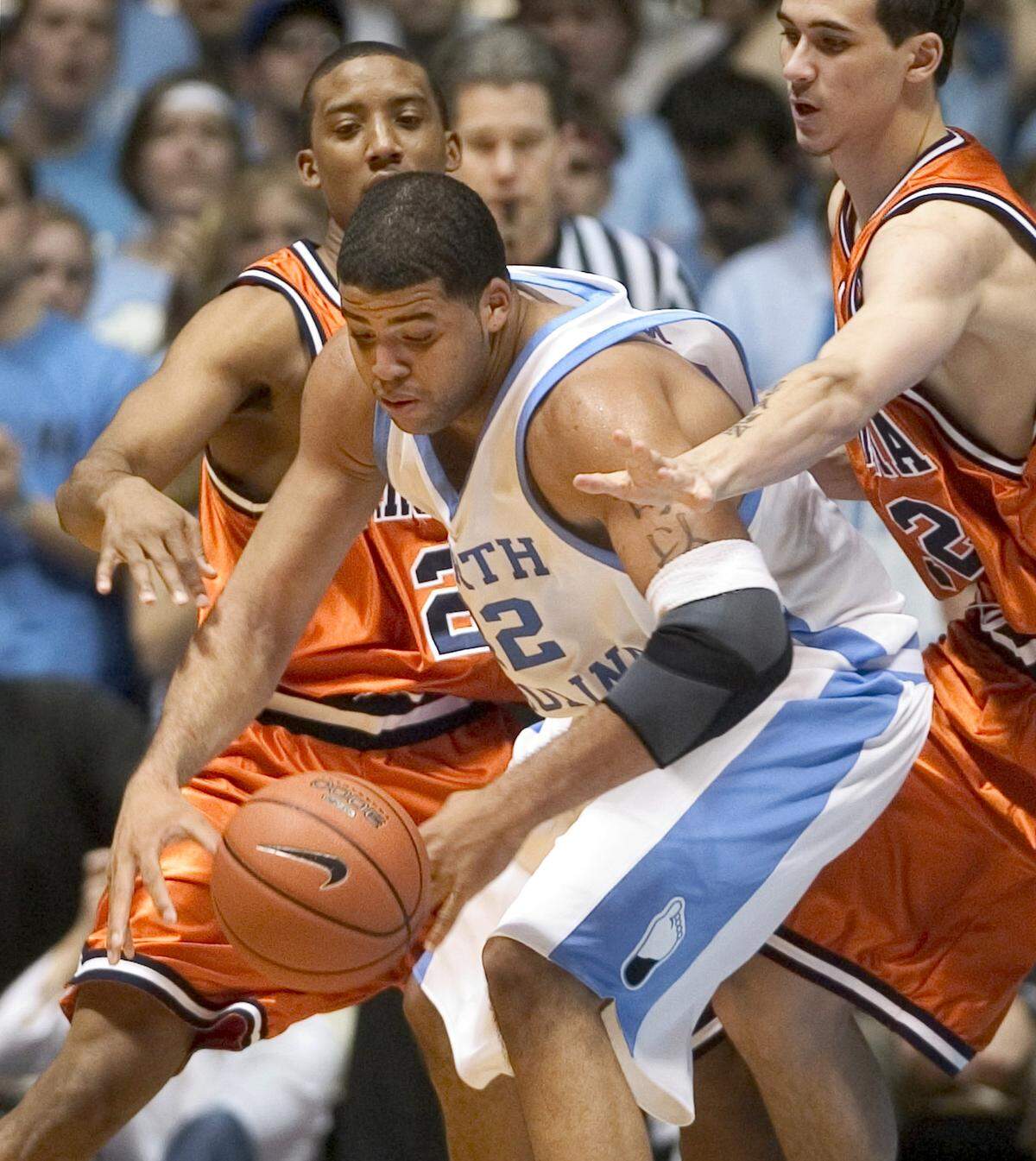 North Carolina center Sean May (42), sporting knee length shorts during a game against Virginia on Wednesday, Feb. 16, 2005 at the Smith Center in Chapel Hill.