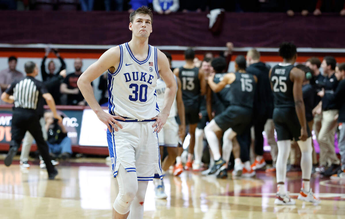 Duke’s Kyle Filipowski (30) walks off the court after Virginia Tech’s 78-75 victory over Duke at Cassell Coliseum in Blacksburg, VA., Monday, Jan. 23, 2023.