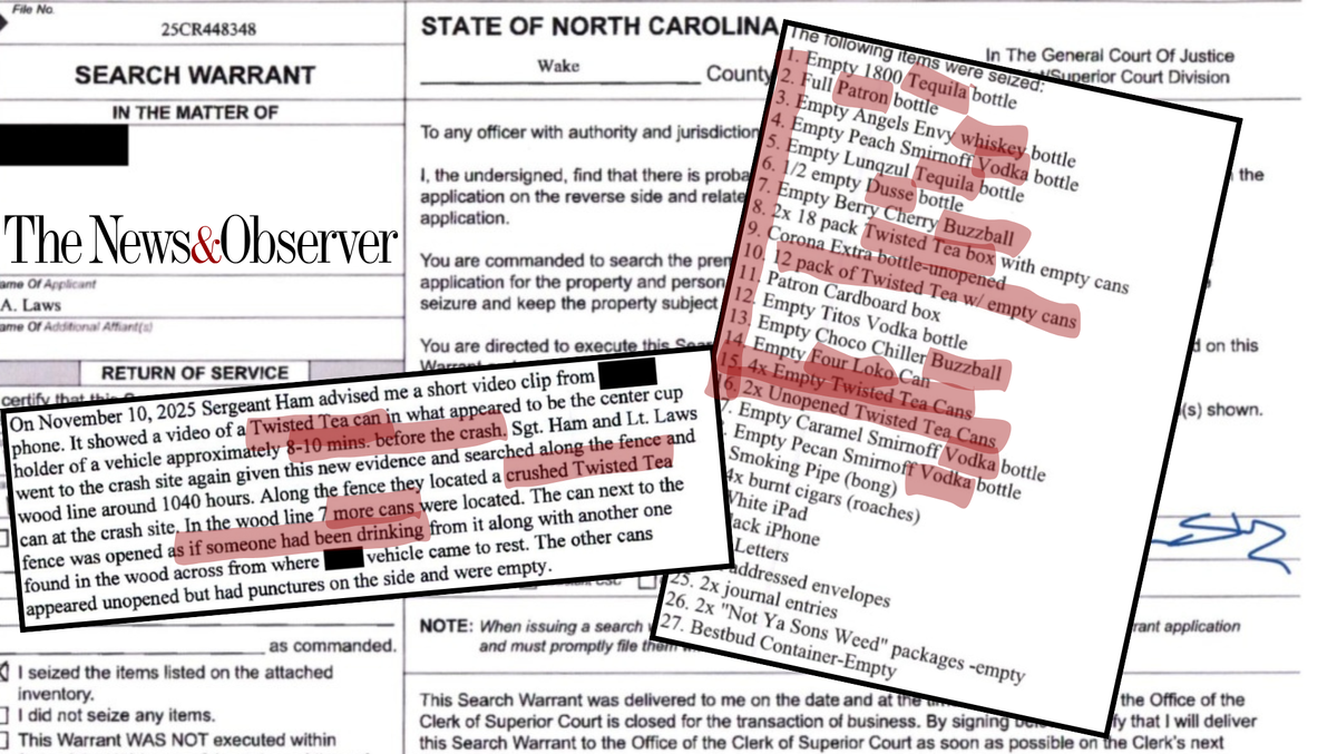 A graphic displaying excerpts from search warrants in the case against Ashton Rahlfs, 17, of Holly Springs. Rahlfs is accused of killing 14-year-old bicyclist Max Dunham in an October crash.