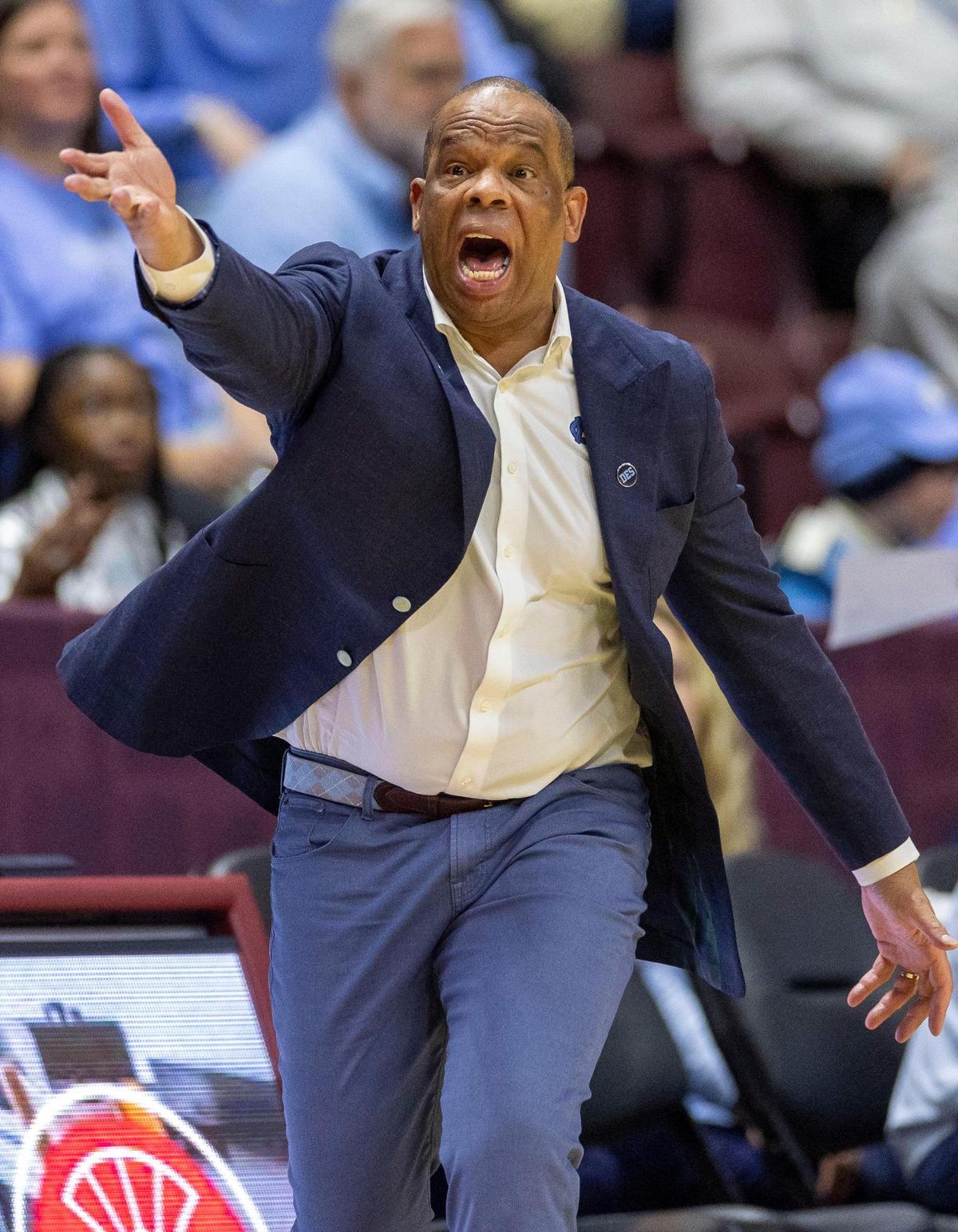 North Carolina coach Hubert Davis directs his team on offense in the first half against Virginia Tech on Tuesday, March 3, 2025 at Cassell Coliseum in Blacksburg, Va.