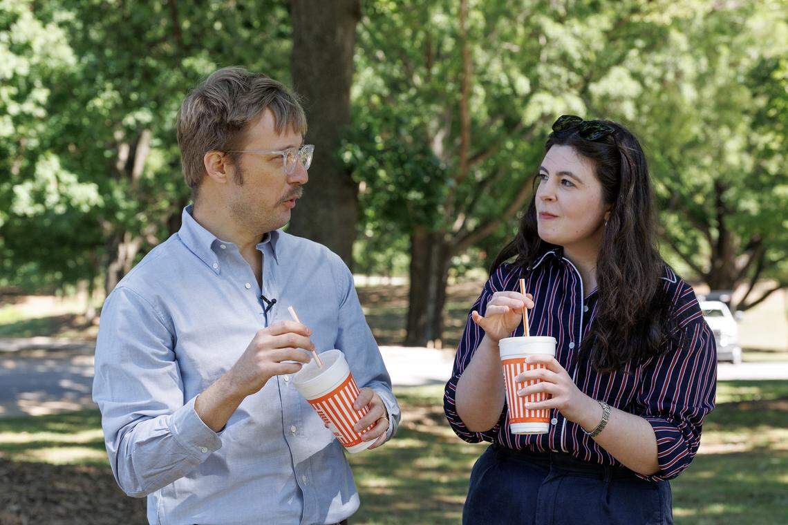 The News & Observer’s Drew Jackson and Renee Umsted taste banana pudding shakes from Whataburger on Monday, April 27. 