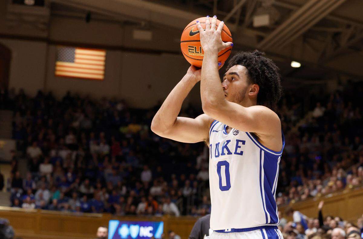 Duke’s Jared McCain (0) hits a three-pointer during the second half of Duke’s 90-60 victory over Bucknell at Cameron Indoor Stadium in Durham, N.C., Friday, Nov. 17, 2023.