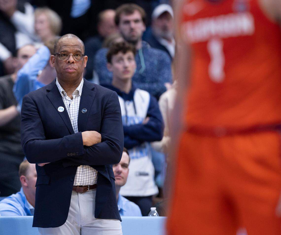 North Carolina coach Hubert Davis watches the final minutes of play against Clemson on Tuesday, February 6, 2024 at the Dean E. Smith Center in Chapel Hill, N.C.