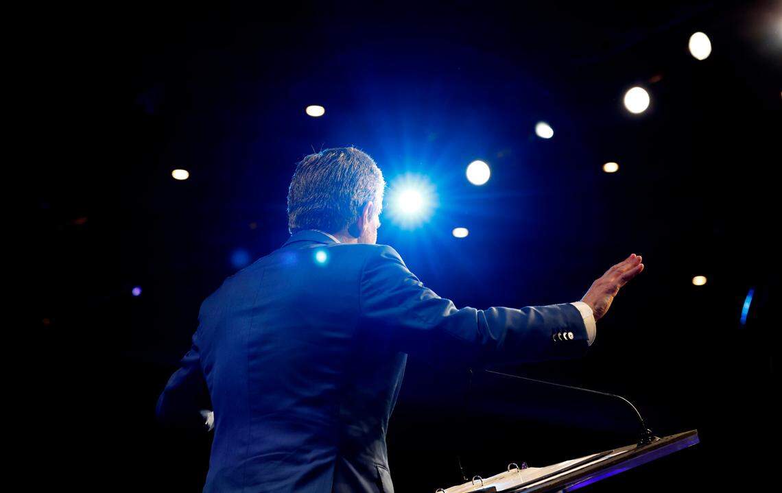 N.C. Gov. Roy Cooper speaks during the North Carolina Democratic Party Unity Dinner at the Raleigh Convention Center Saturday, July 20, 2024
