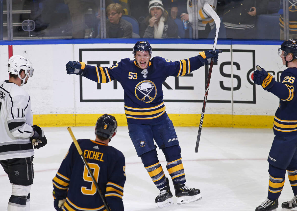 Buffalo Sabres forward Jeff Skinner (53) celebrates his game-winning goal during the overtime period of an NHL hockey game against the Los Angeles Kings, Tuesday, Dec. 11, 2018, in Buffalo N.Y. (AP Photo/Jeffrey T. Barnes)
