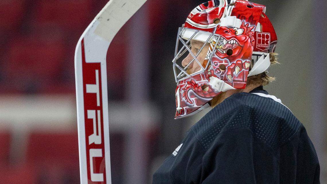 Carolina Hurricanes goalie Frederik Andersen (31) during practice on Monday, May 15, 2023 at PNC Arena in Raleigh, N.C.