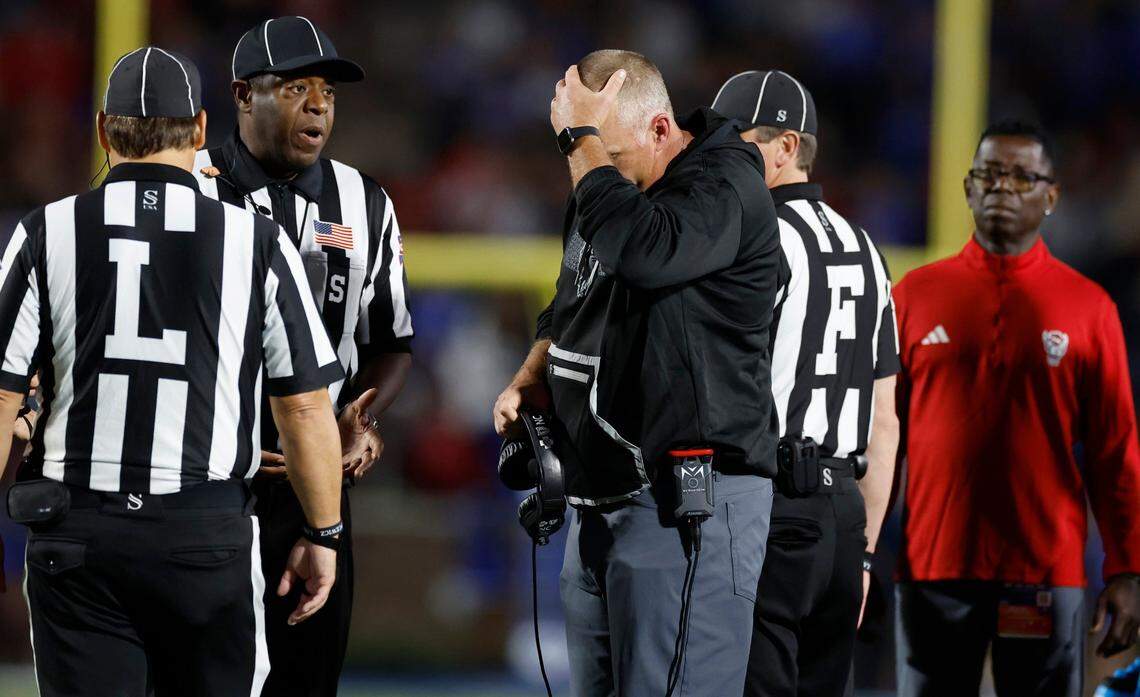 N.C. State head coach Dave Doeren is not happy with the call by officials during the first half of N.C. State’s game against Duke at Wallace Wade Stadium in Durham, N.C., Saturday, Oct. 14, 2023.
