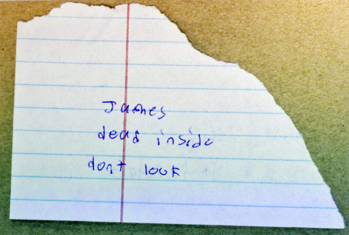 This note, also displayed on Feb. 5, refers to Austin’s Thompson’s older brother, James. Austin killed James first. 