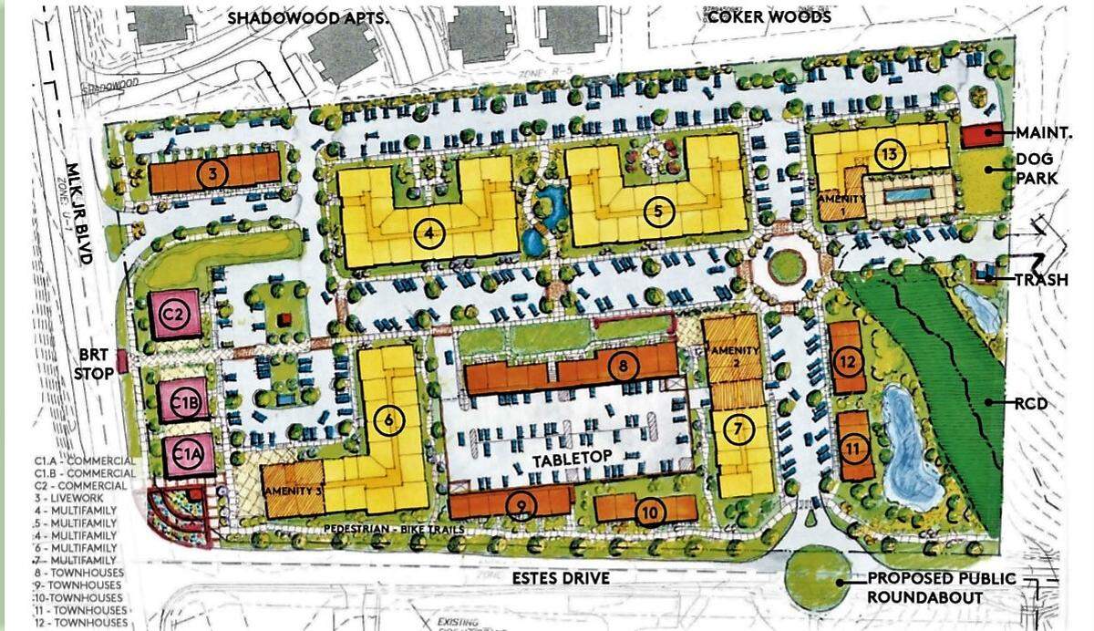 A site plan for the proposed Aura development includes 13 buildings up to four stories. Retail and commercial space is located along Martin Luther King Jr. Boulevard (at left), with apartments and townhomes covering most of the 14.7-acre site.