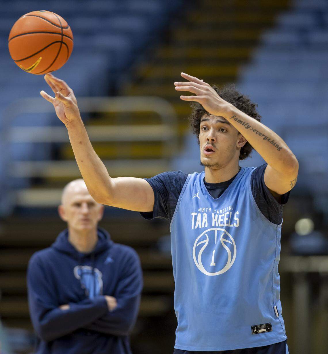 North Carolina forward Zayden High (1) passes during practice on Thursday, October 9. 2025 at the Smith Center in Chapel Hill, N.C. 