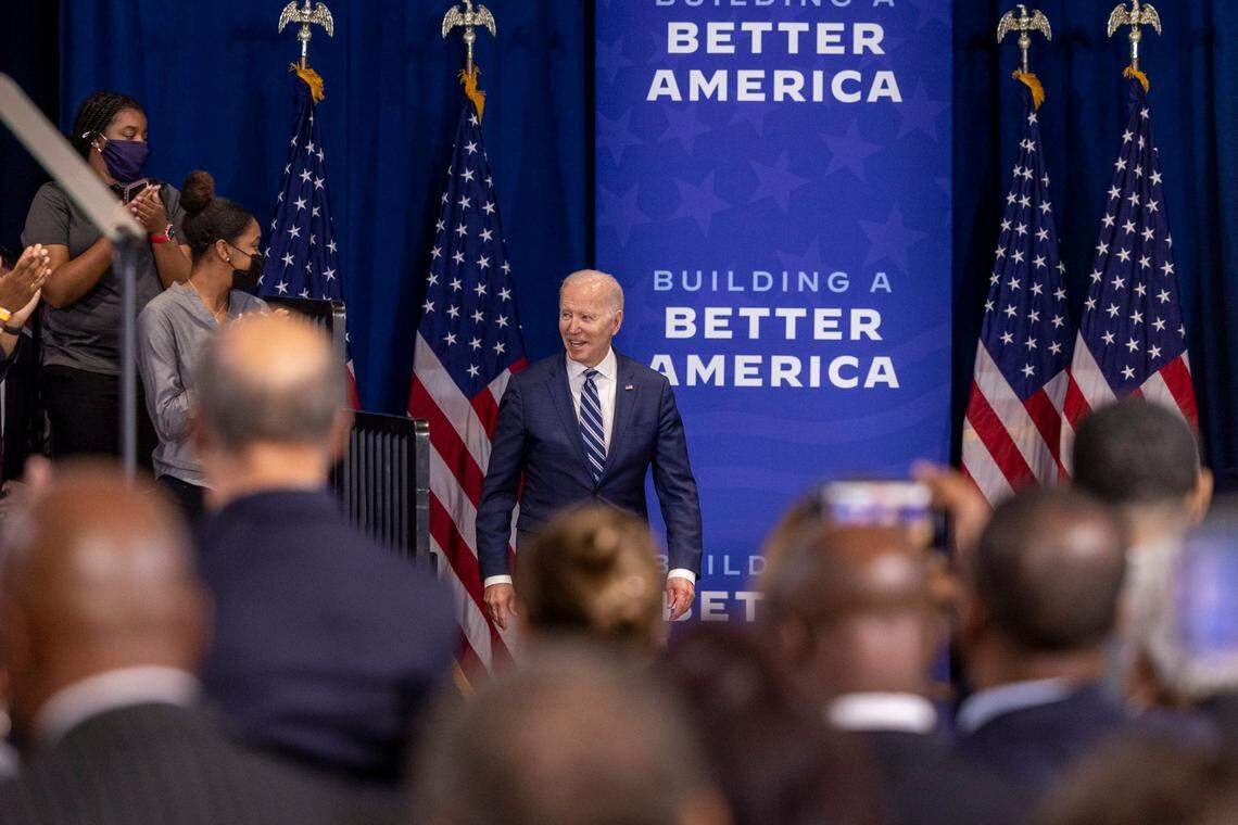 President Joe Biden takes the stage at North Carolina A&T State University in Greensboro befiore speaking about the economy Thursday, April 14, 2022.