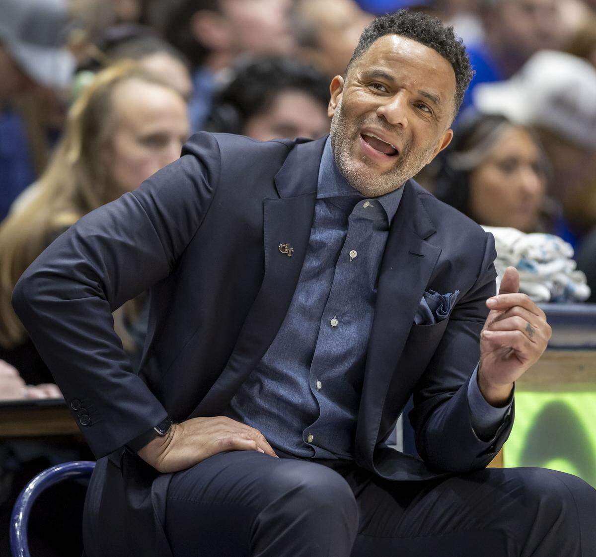 Georgia Tech coach Damon Stoudamire encourages his team on defense in the first half against Duke on Wednesday, December 31, 2025 at Cameron Indoor Stadium in Durham, N.C. 