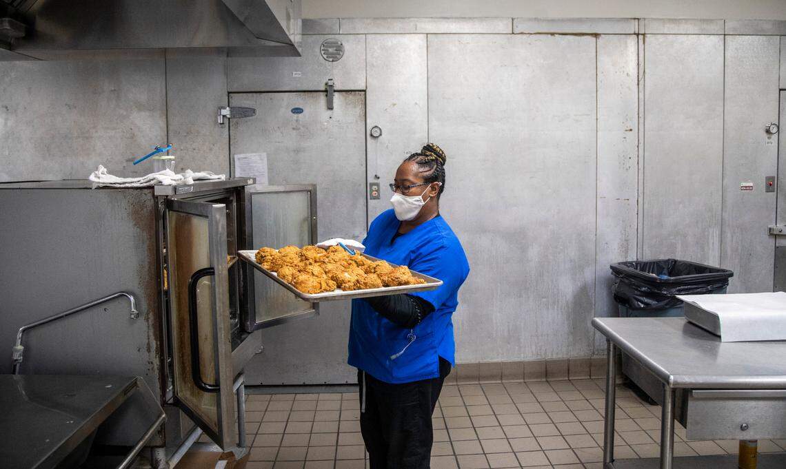 Yolanda Banks is the lone child nutrition services worker at Swift Creek Elementary in Raleigh. Most school days she singlehandedly prepares meals for several hundred students.
