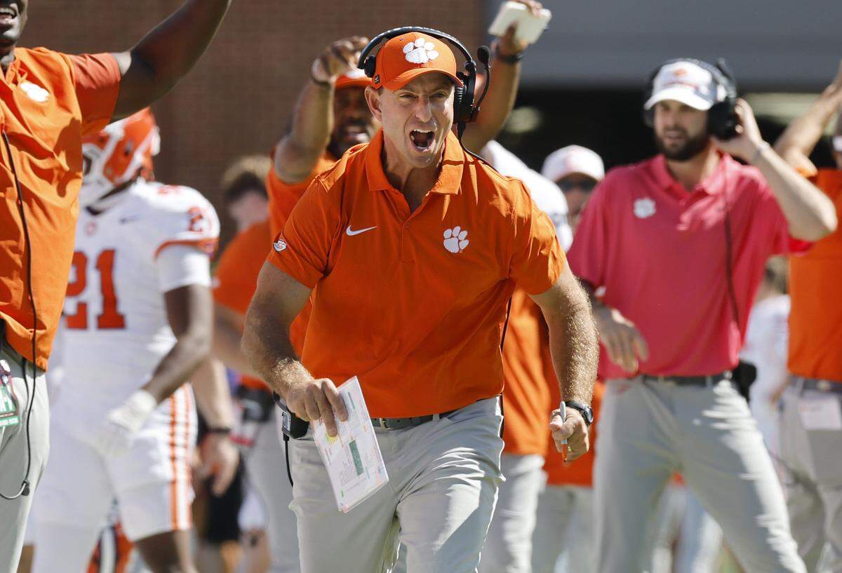 Clemson head coach Dabo Swinney is pumped during the first half of UNC’s game against Clemson at Kenan Stadium in Chapel Hill, N.C., Sat. Oct. 4, 2025.