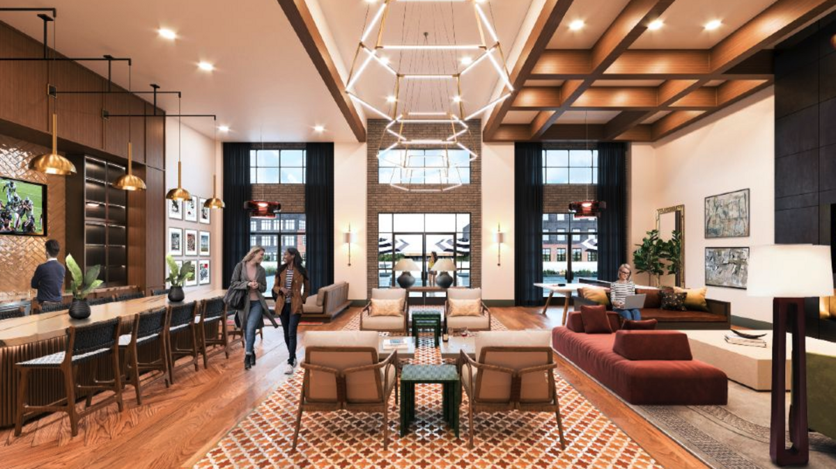 A rendering of a communal area at The Allison at Fenton, an apartment community in Cary.