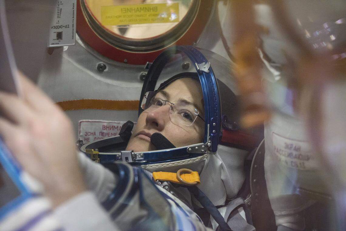Christina Koch works inside the Soyuz MS-12 spacecraft in Kazakhstan. Koch is making history by breaking the record for the longest single space flight by a woman. She has been at the International Space Station since March 15. When she returns to Earth on Feb. 6, she will have been there 328 days. She also made history Oct. 18, 2019, when she took part in the first all-female spacewalk with Jessica Meir.