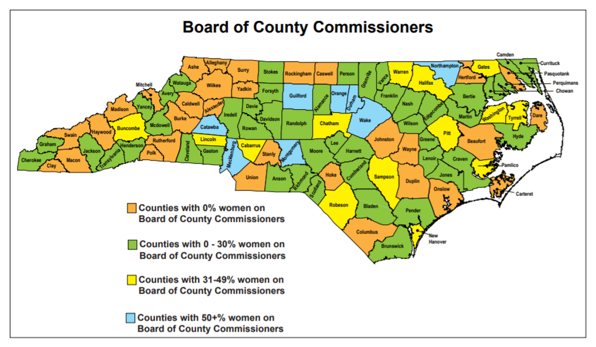 Board of County Commissioners representation map from the Meredith College Status of Women in NC Politics report.