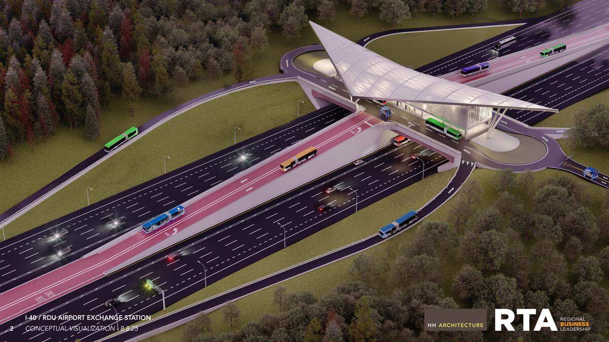 A rendering of a potential bus rapid station atop Interstate 40 near Raleigh Durham International Airport. The station would be a place where GoTriangle and other buses would exchange passengers with shuttles to and from the airport terminals.
