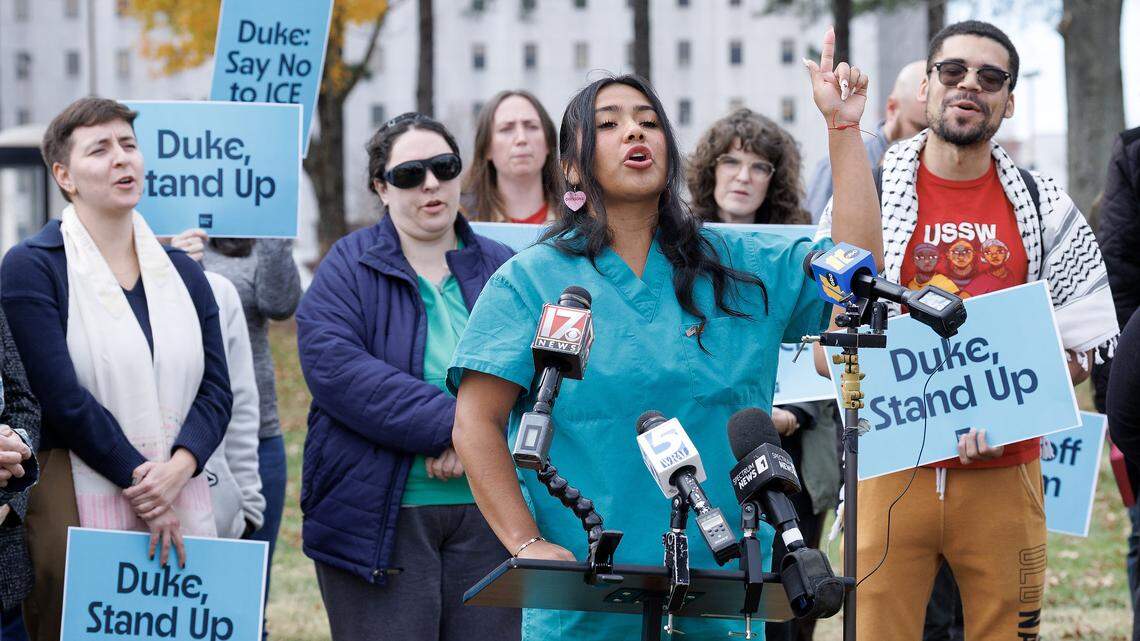 Andrea Cazales, a Durham nurse, speaks during a press conference on Wednesday, Nov. 19, 2025, in Durham, N.C. about how the healthcare community has been impacted by recent activity of federal immigration authorities. 