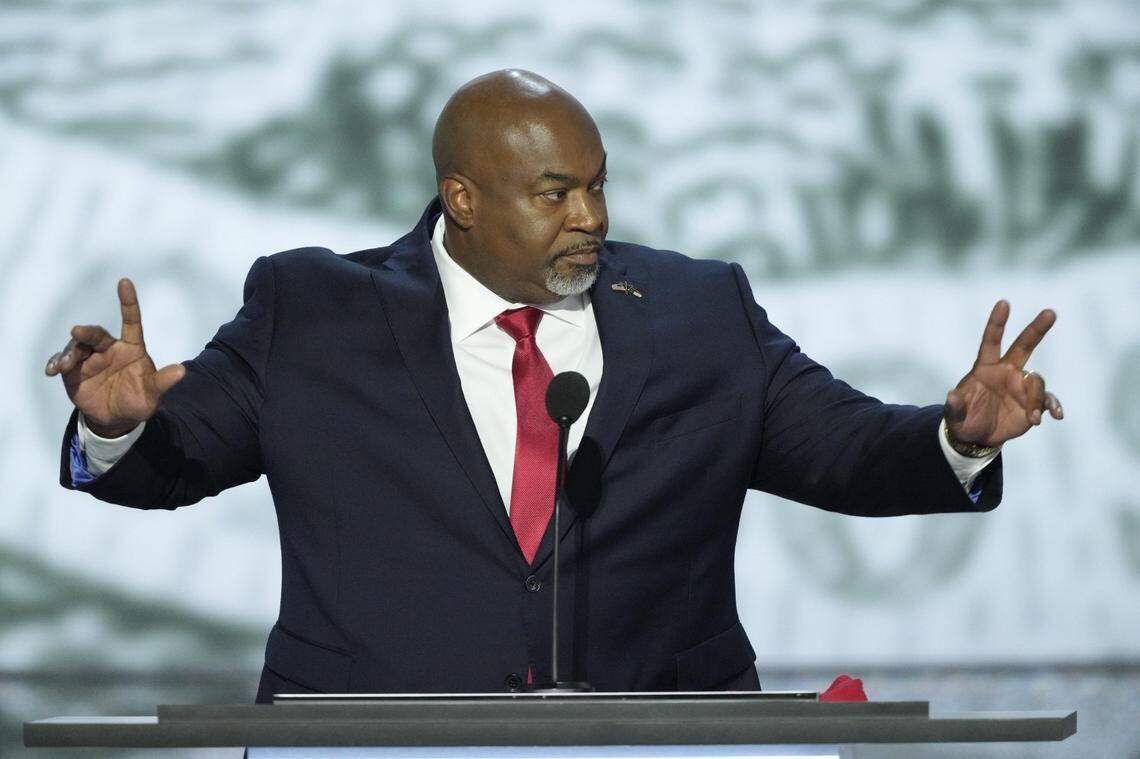 Jul 15, 2024; Milwaukee, WI, USA; North Carolina Lt. Gov. Mark Robinson delivers remarks during the first day of the Republican National Convention. The RNC kicked off the first day of the convention with the roll call vote of the states. Mandatory Credit: Jasper Colt-USA TODAY