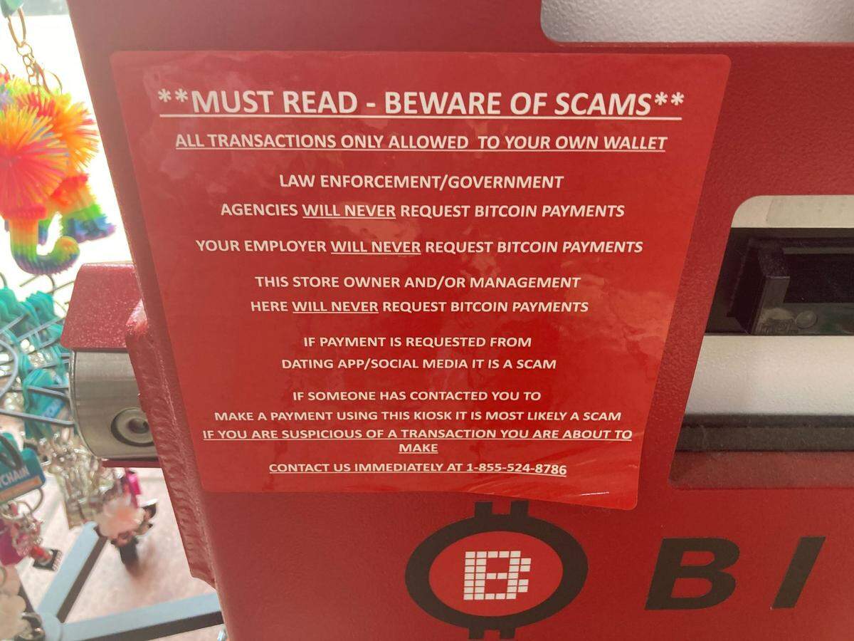 Cryptocurrency ATMs warn against scams, including this one at a Shell gas station on Maynard Road in Cary. But tough-to-catch predators fool people into using them to convert cash into digital assets that they promptly steal.