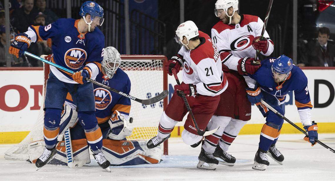 Carolina Hurricanes’ Nino Niederreiter (21) scores the game-winning goal on New York Islander goalie New York Islanders goalie Robin Lehner (40) in the third period during Game 2 of the second round Stanley Cup series on Sunday, April 28, 2019 a Barclays Center in Brooklyn, N.Y. The Hurricanes defeated the Islanders 2-1.
