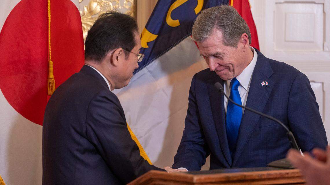 North Carolina Governor Roy Cooper welcomes Japanese Prime Minister Fumio Kishida to the dais for remarks prior to their luncheon on Friday, April 12, 2024 at the Executive Mansion in Raleigh, N.C.