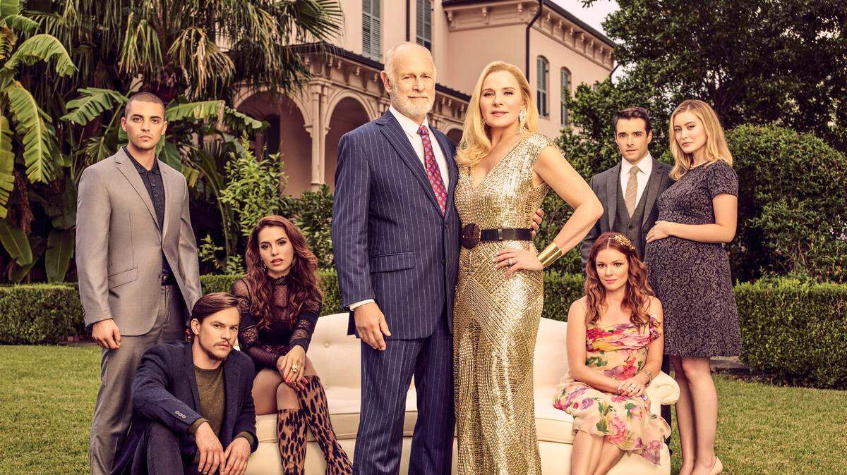 The cast of the Fox TV series “Filthy Rich” (L-R): Benjamin Aquilar as Antonio Rivera, Mark L. Young as Jason Conley, Melia Kreiling as Ginger Sweet, Gerald McRaney as Eugene Monreaux, Kim Cattrall as Margaret Monreaux, Aubrey Dollar as Rose Monreaux, Corey Cott as Eric Monreaux and Olivia Macklin as Becky Monreaux.