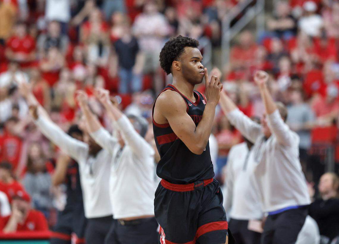 Stanford's Ebuka Okorie reacts after knocking down a three-point basket during the second half of the Cardinal’s 85-84 win over N.C. State on Saturday, March 7, 2026, at Lenovo Center in Raleigh, N.C.