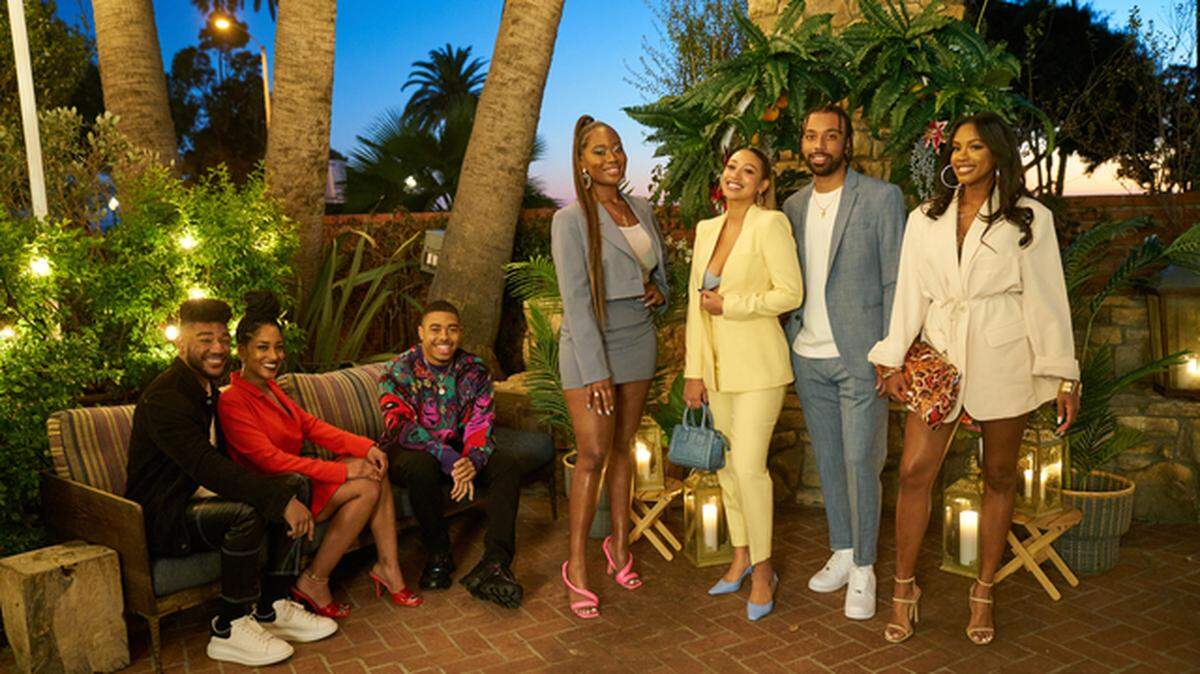 (L-R): From the new unscripted HBO Max series “Sweet Life: Los Angeles”: Jerrold Smith II, Cheryl Des Vignes, Jordan Bentley, Tylynn Burns, Briana Jones, P’Jae Compton and Amanda Scott.