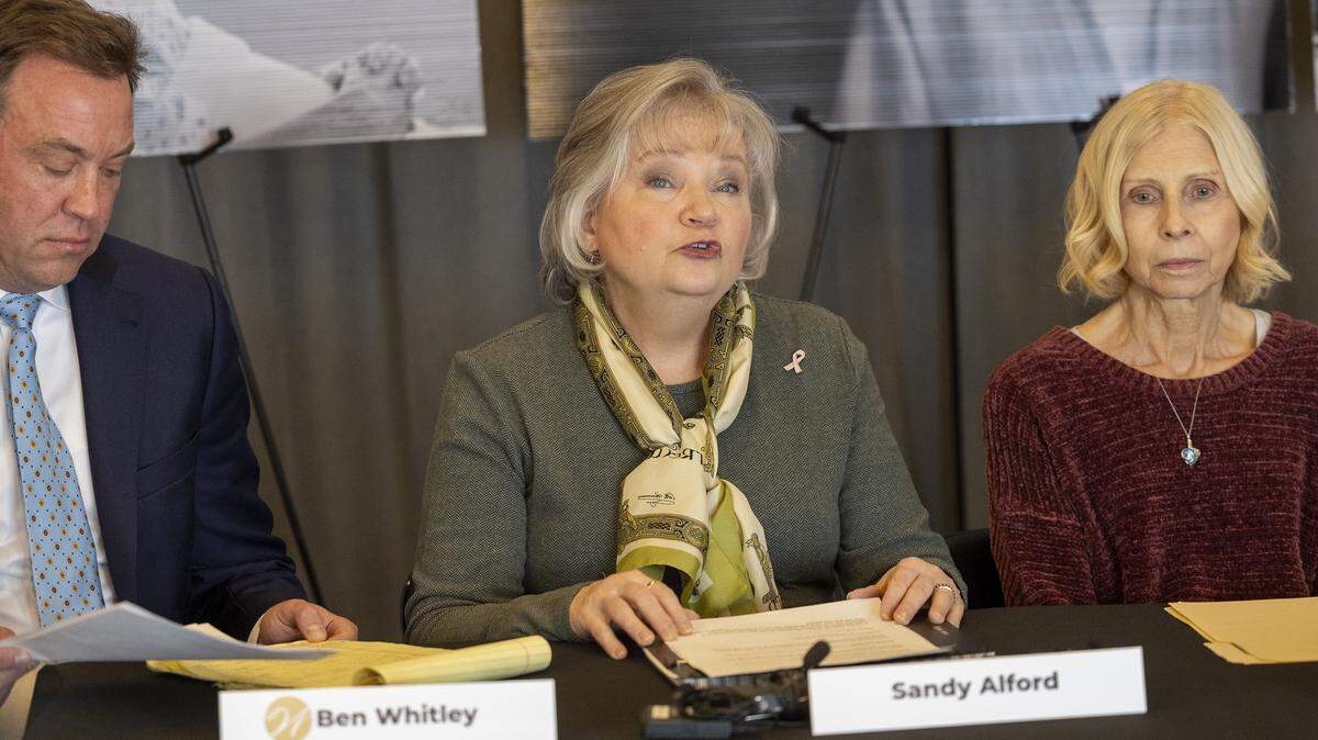 Cancer survivor Sandy Alford speaks during a news conference announcing newly filed complaints against North Carolina State University related to alleged toxic PCB exposure at Poe Hall on Thursday, Jan. 29, 2026, in Raleigh.