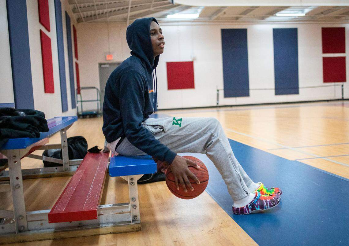 Jyrah Canady, 17, a senior varsity basketball player at Kinston High School, rests after playing basketball with family and friends at the Kinston Community Center in Kinston, N.C. on Feb. 2, 2022.
