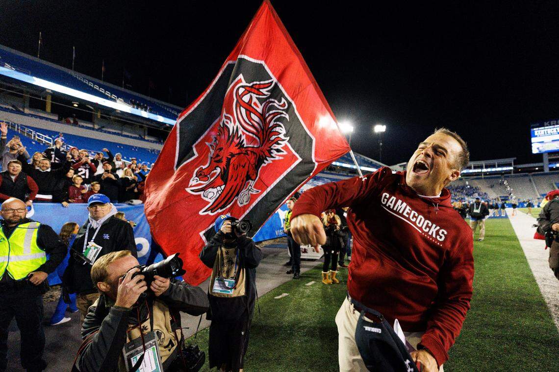 South Carolina coach Shane Beamer celebrates the team’s win over Kentucky in an NCAA college football game in Lexington, Ky., Saturday, Oct. 8, 2022.