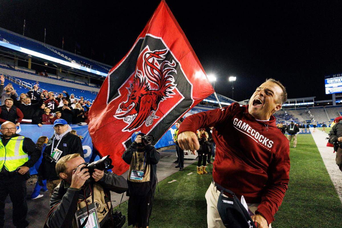 South Carolina coach Shane Beamer celebrates the team’s win over Kentucky in an NCAA college football game in Lexington, Ky., Saturday, Oct. 8, 2022.