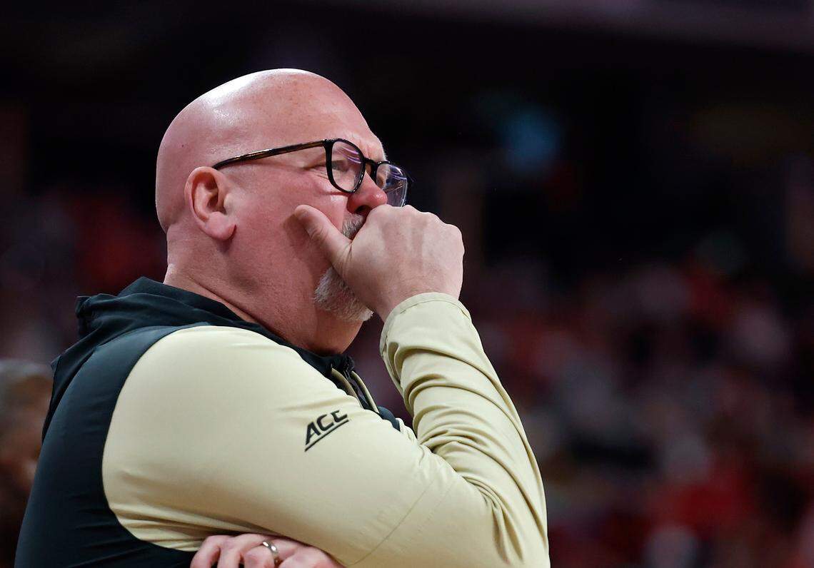 Wake Forest head coach Steve Forbes watches during the first half of the Demon Deacons’ 85-73 loss to N.C. State on Saturday, Feb. 22, 2025, at Lenovo Center in Raleigh, N.C.