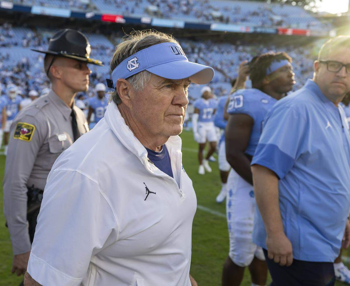 North Carolina coach Bill Belichick leaves the field following the Tar Heels’ 41-6 victory over Richmond on Saturday, September 13, 2025 at Kenan Stadium in Chapel Hill, N.C.