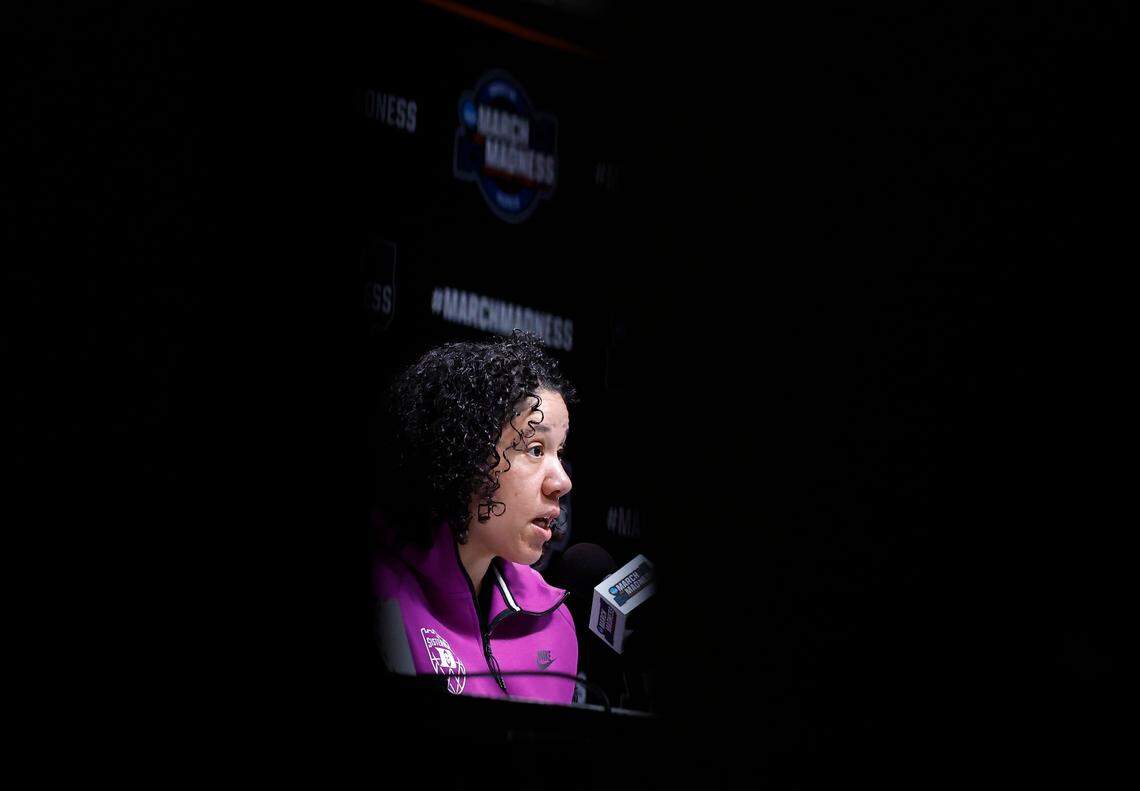 Duke head coach Kara Lawson answers questions from media at Legacy Arena on Saturday, March 29, 2025, in Birmingham, Ala. Duke will face South Carolina in the NCAA Tournament Elite Eight on Sunday.