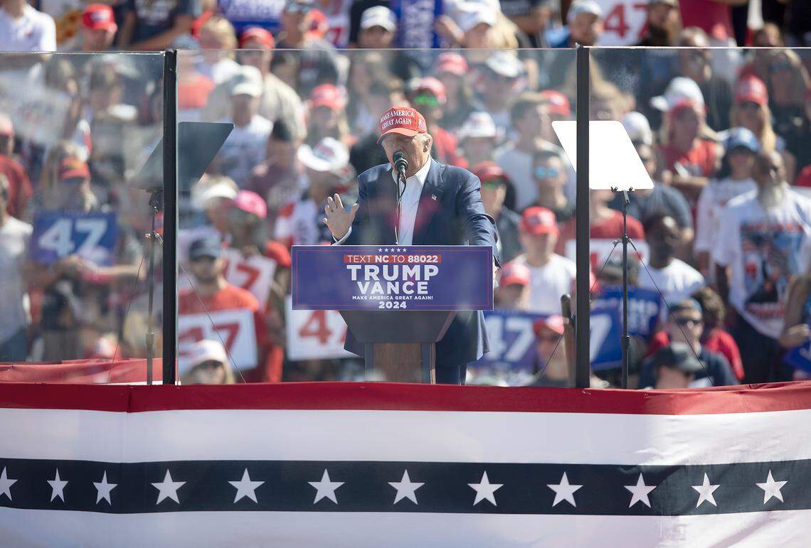 Former President and current Republican candidate for president Donald Trump speaks at a rally in Wilmington, N.C. on Saturday, Sept. 21, 2024.