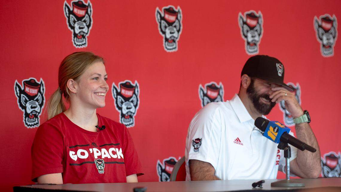 Katharine Berkoff and Head Coach of N.C. State Swimming speak on how Berkoff is preparing for the Olympics during a press conference at N.C. State on Thursday, June 27, 2024.