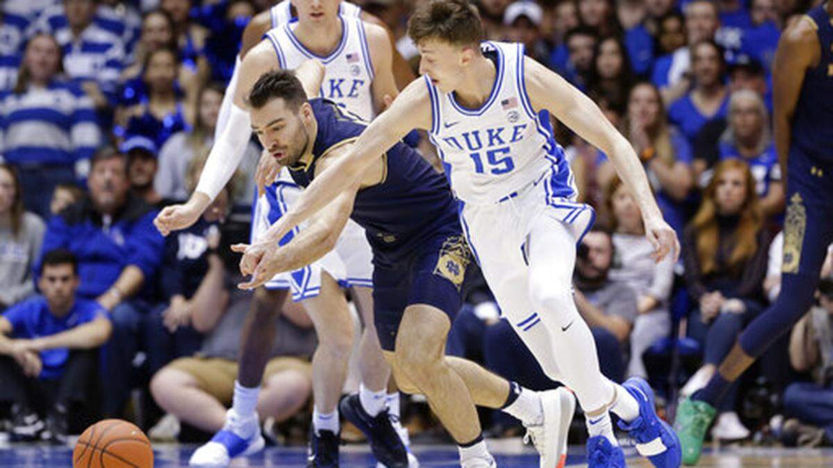 Duke guard Alex O’Connell (15) and Notre Dame guard Nikola Djogo chase the ball during the second half of an NCAA college basketball game in Durham, N.C., Saturday, Feb. 15, 2020.