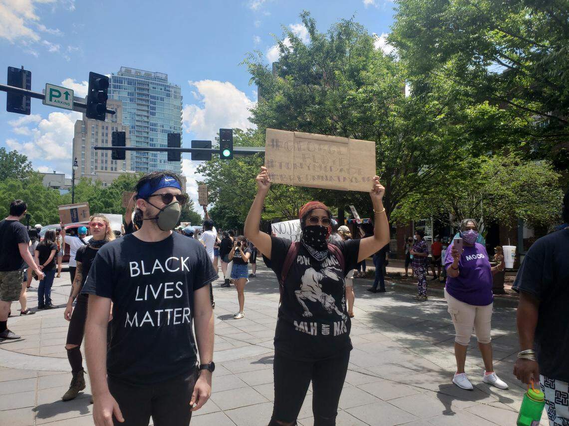 A crowd gathered in Durham, North Carolina, on Saturday, May 30, 2020, to protest George Floyd’s death in Minneapolis, blocking a major intersection downtown and then marching to the county courthouse.